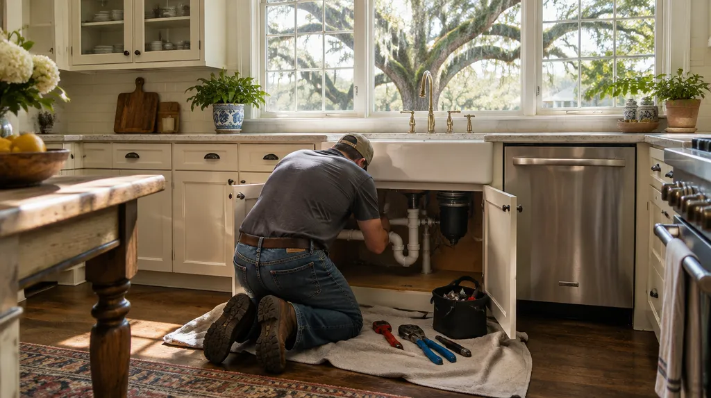 A plumber kneeling under a kitchen sink fitting a new pipe in Louisiana