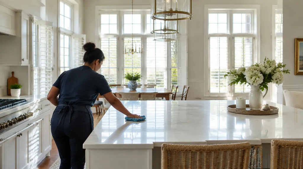 A house cleaner wiping a bright kitchen island in Louisiana