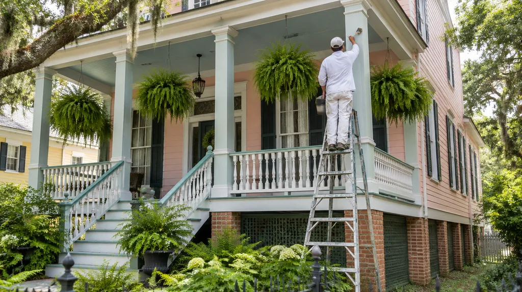 A painter rolling fresh paint on an exterior wall in Louisiana