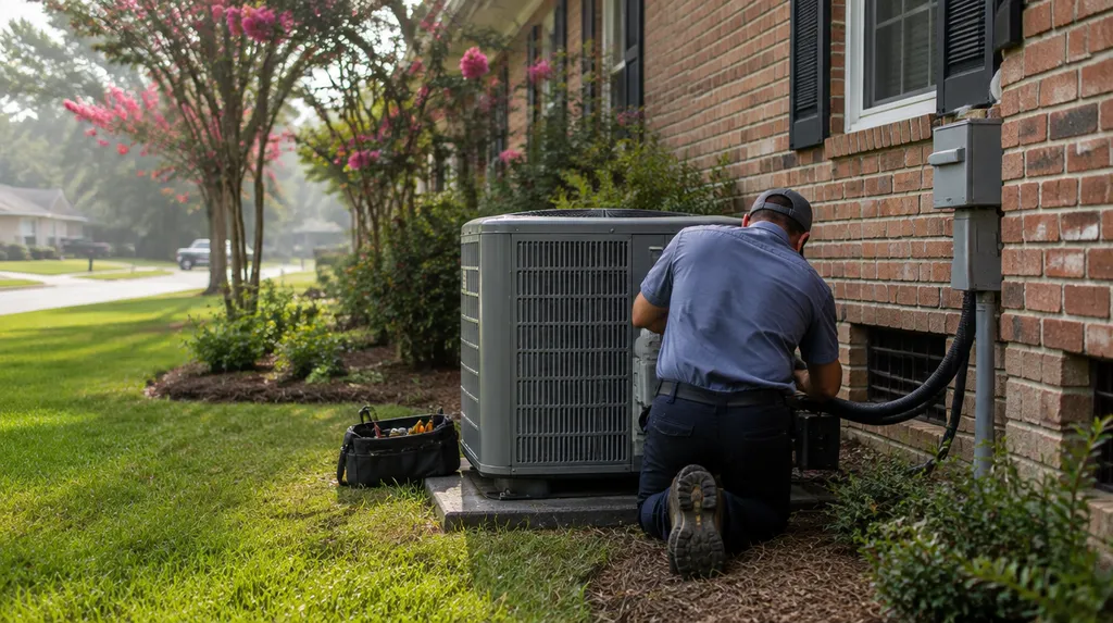 An HVAC technician servicing an outdoor condenser beside a house in Louisiana