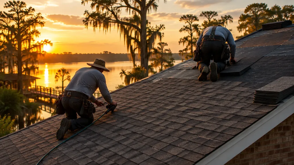 A roofer nailing architectural shingles on a sunny roof in Louisiana
