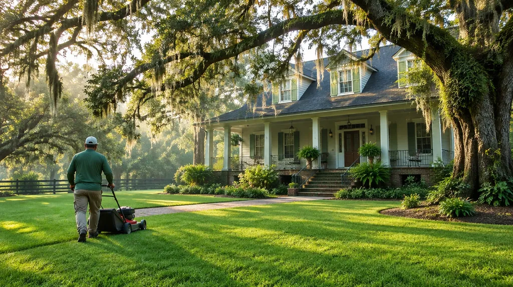 A landscaper mowing a striped green lawn in Louisiana
