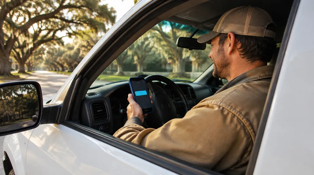 A contractor reading a new website lead on his phone in his work truck