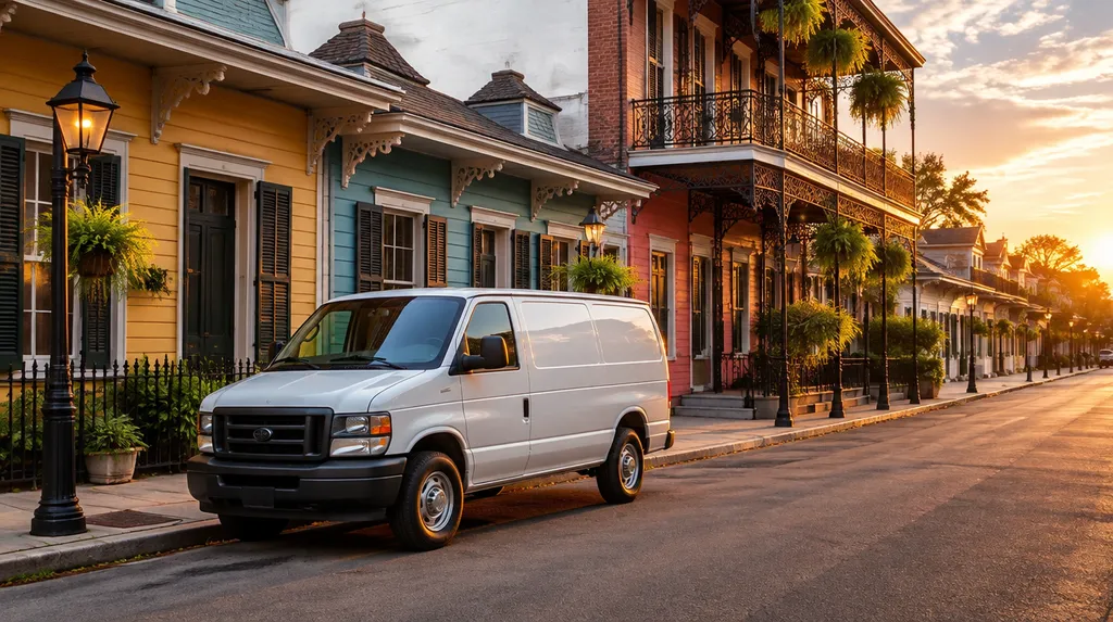 A white service van on a colorful New Orleans street of shotgun houses at golden hour