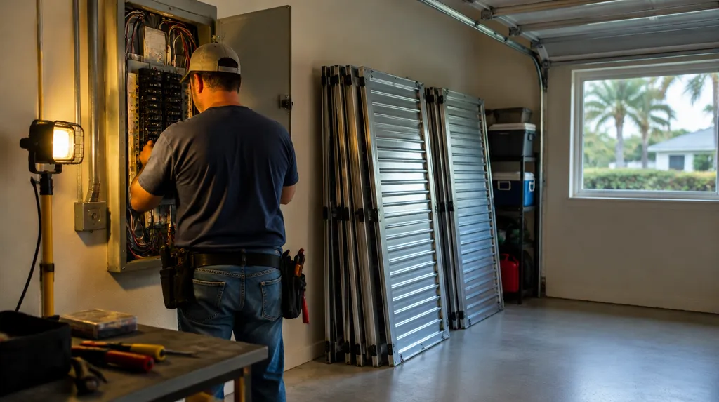 An electrician working on an open breaker panel in Louisiana