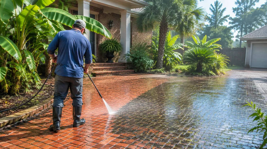 Pressure washing a brick driveway with sparkling spray in Louisiana