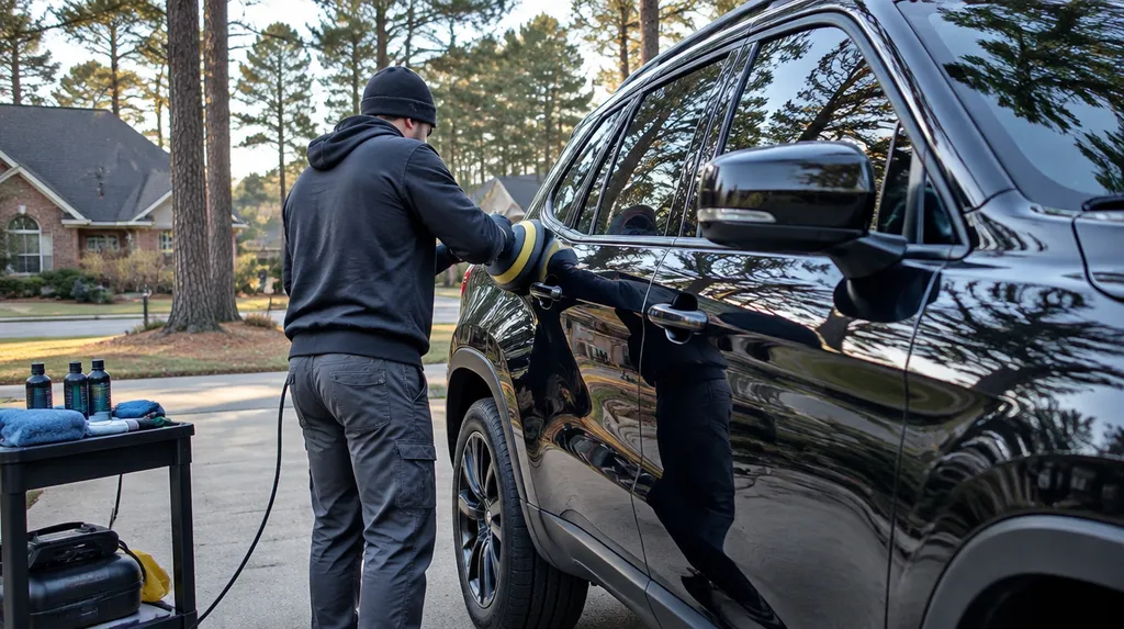 A detailer polishing the glossy hood of a dark SUV in Louisiana