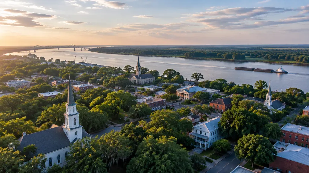 Aerial view of a Louisiana town with church steeples, a river and green trees