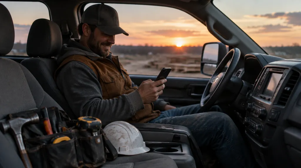 A contractor in a work truck smiling at a phone notification