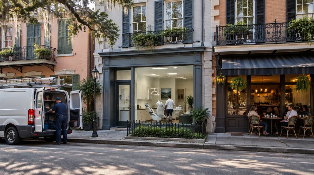 A Louisiana street with a service van, a dental office and a café side by side