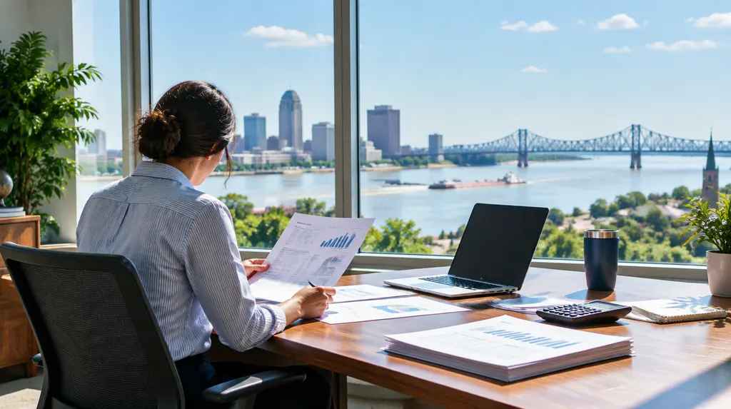 An accountant reviewing financial reports at a desk in Louisiana