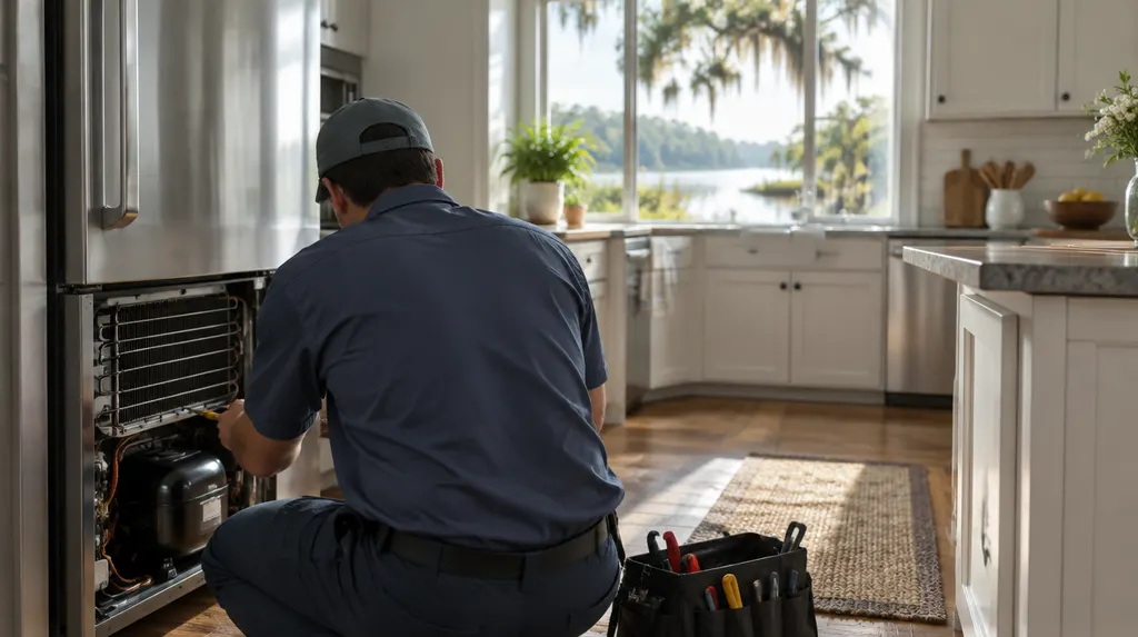 A technician repairing a refrigerator in a kitchen in Louisiana