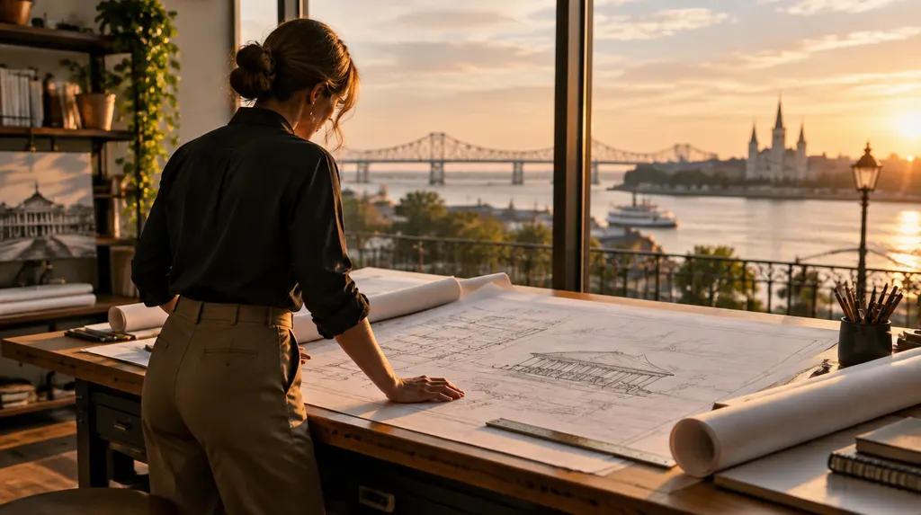 An architect reviewing blueprints at a drafting table in Louisiana