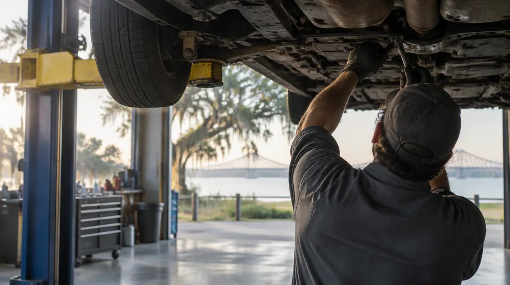 A mechanic working under a car on a lift in Louisiana