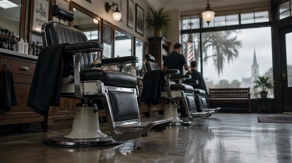 A classic barbershop with leather chairs in Louisiana