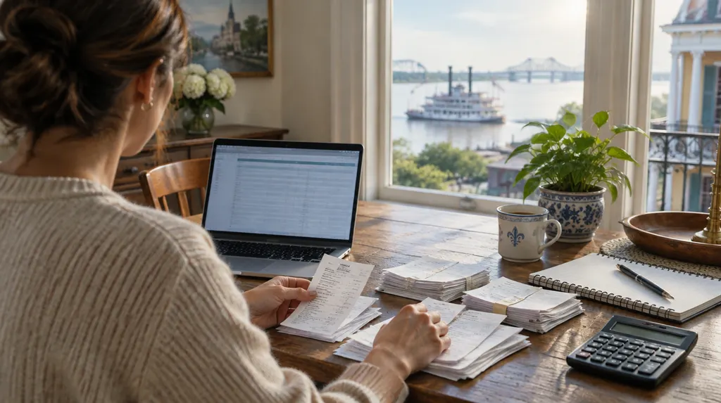 A bookkeeper organizing receipts and a laptop in Louisiana