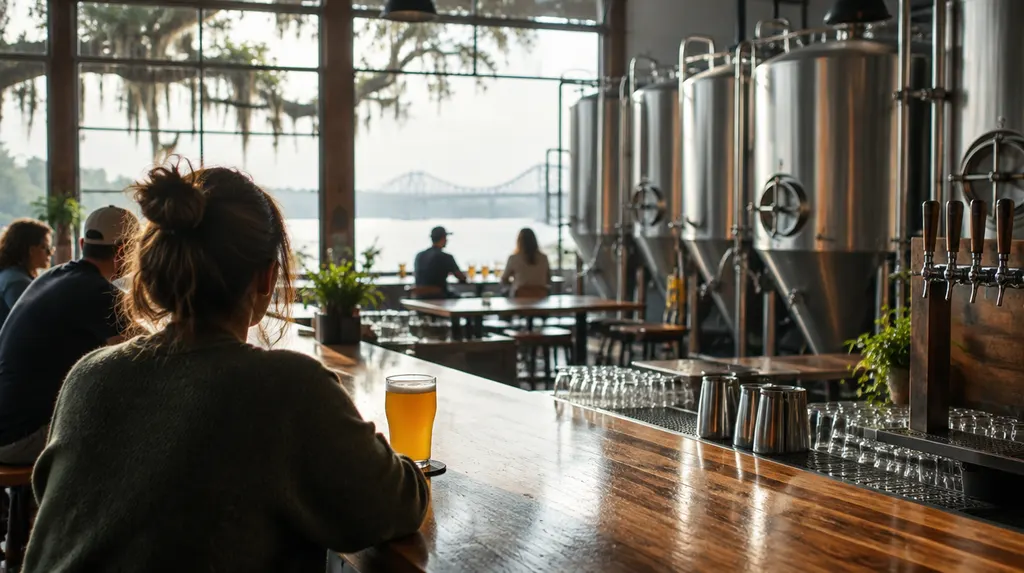 A craft brewery taproom with tanks and a bar in Louisiana