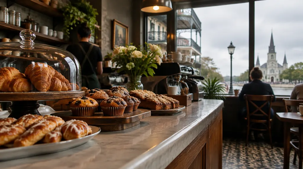 A cozy café counter with pastries in Louisiana