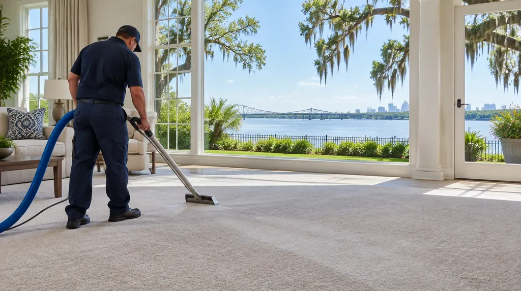 A technician cleaning a carpet with a wand in Louisiana