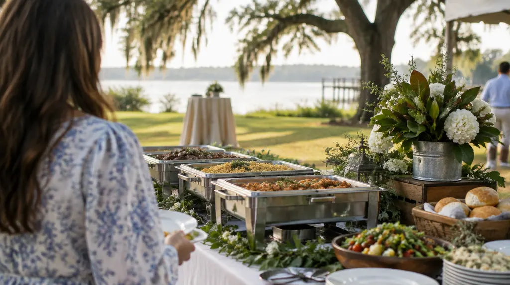 A catering buffet set for an outdoor event in Louisiana