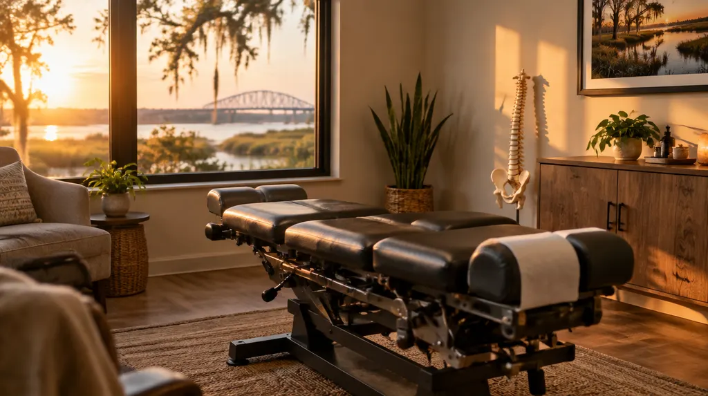 A chiropractic treatment room with an adjusting table in Louisiana