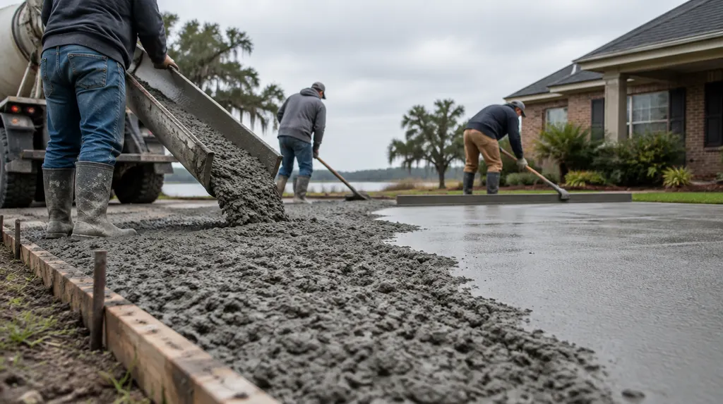 A crew pouring and screeding a new concrete driveway in Louisiana