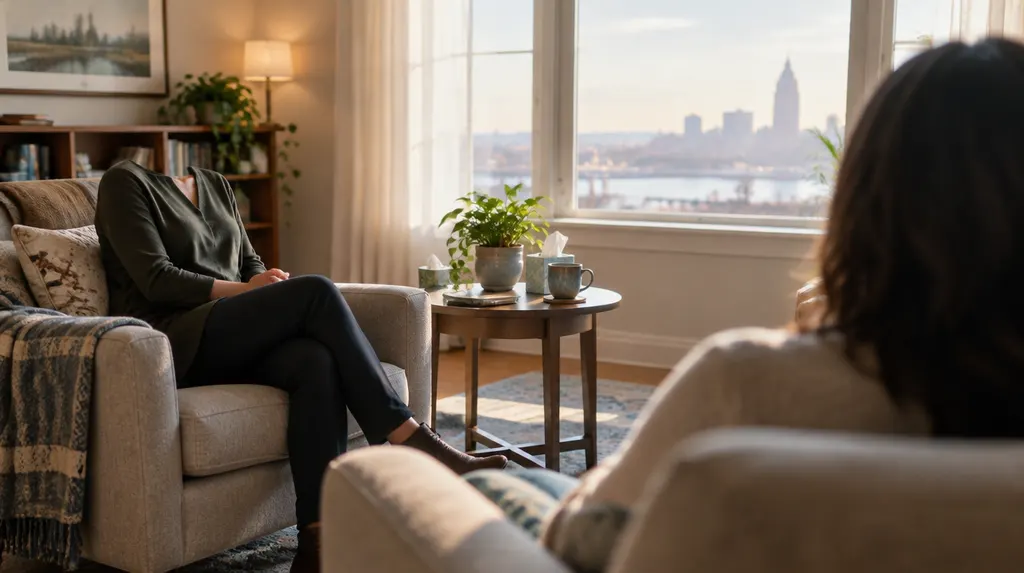 A calm, softly lit counseling room with two armchairs in Louisiana