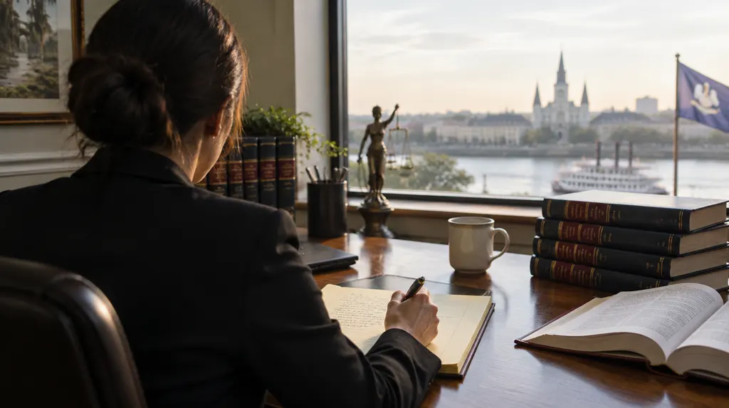 A defense attorney preparing at a desk with law books in Louisiana