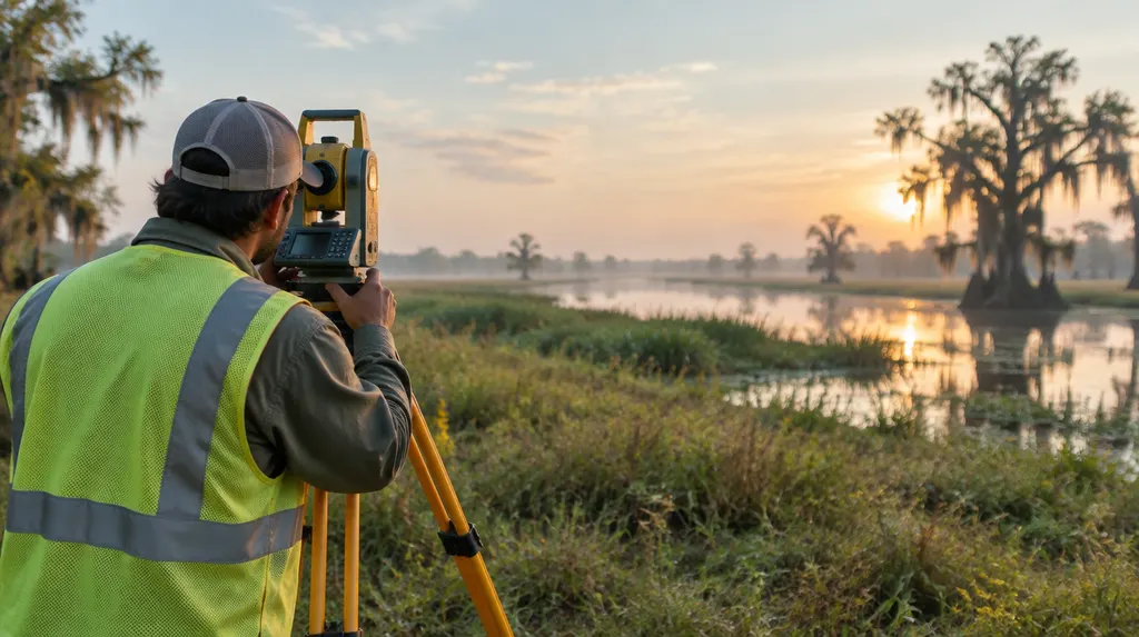 A surveyor with a tripod instrument in a field in Louisiana