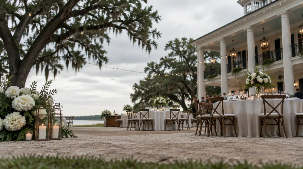 An elegant event venue set for a wedding reception in Louisiana