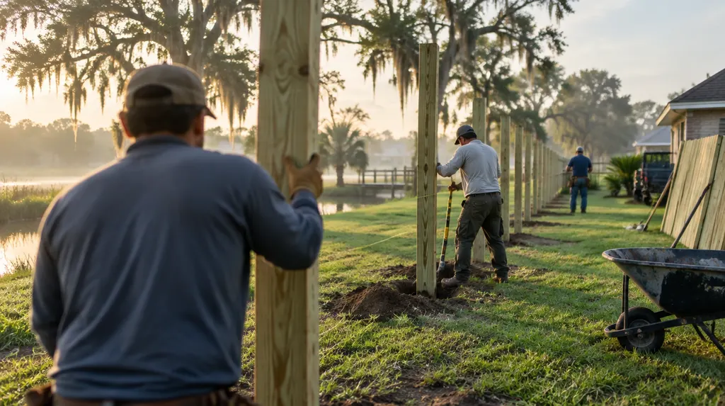 A crew setting posts for a new wood privacy fence in Louisiana