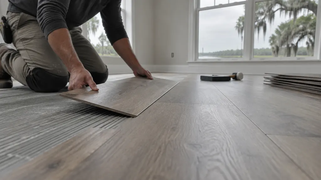An installer laying luxury vinyl plank flooring in Louisiana