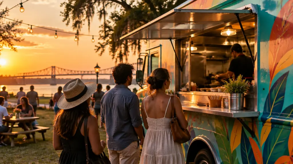 A colorful food truck serving at an evening event in Louisiana