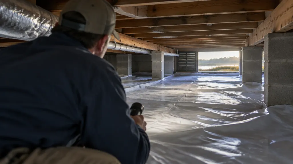 A technician inspecting a crawl space with a vapor barrier in Louisiana