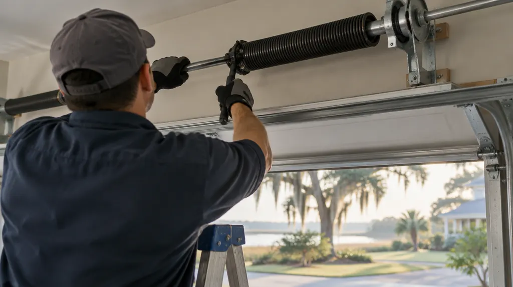 A technician replacing a torsion spring above a garage door in Louisiana