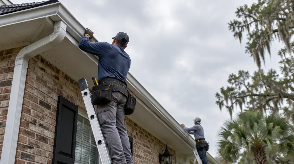 A crew installing seamless gutters on a house in Louisiana