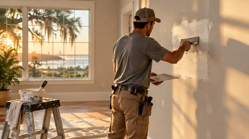 A handyman patching drywall in a bright room in Louisiana