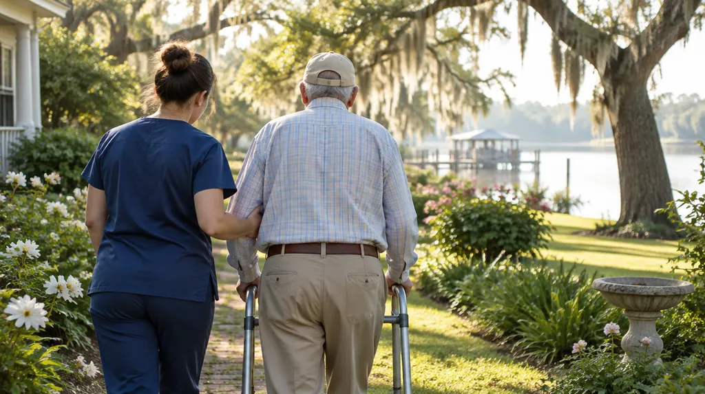A caregiver helping an older man walk in a sunny garden in Louisiana