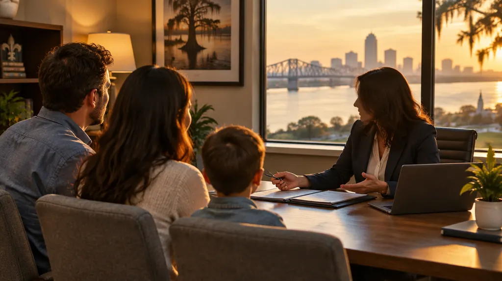 An insurance agent meeting a family in an office in Louisiana
