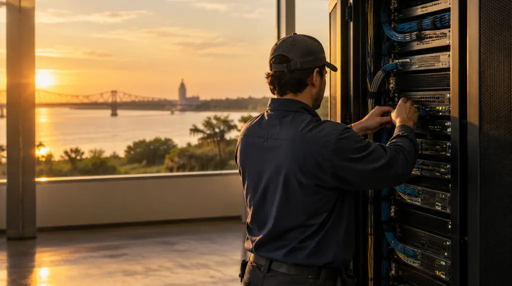 An IT technician working on a server rack in Louisiana