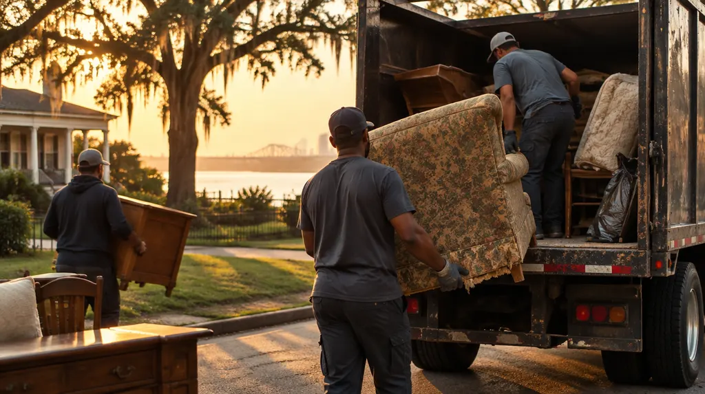 A crew loading old furniture into a junk removal truck in Louisiana