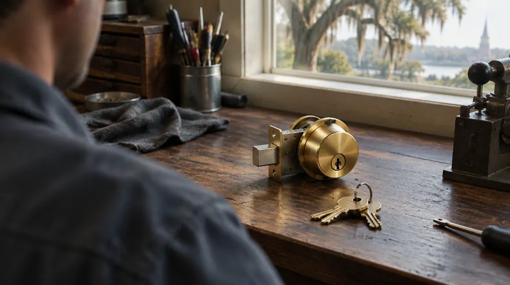 A new brass deadbolt lock and a set of keys on a locksmith’s workbench in Louisiana