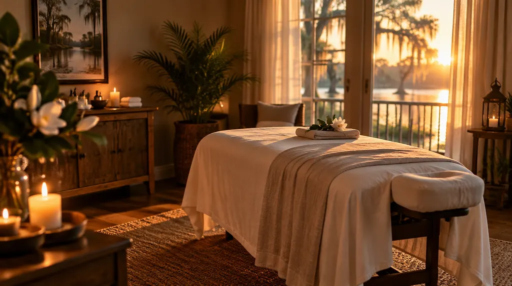 A calm massage room with a draped table and candles in Louisiana