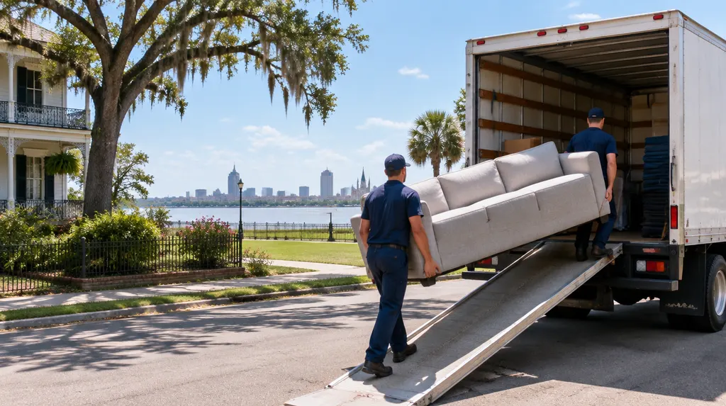 Movers carrying a sofa into a moving truck in Louisiana