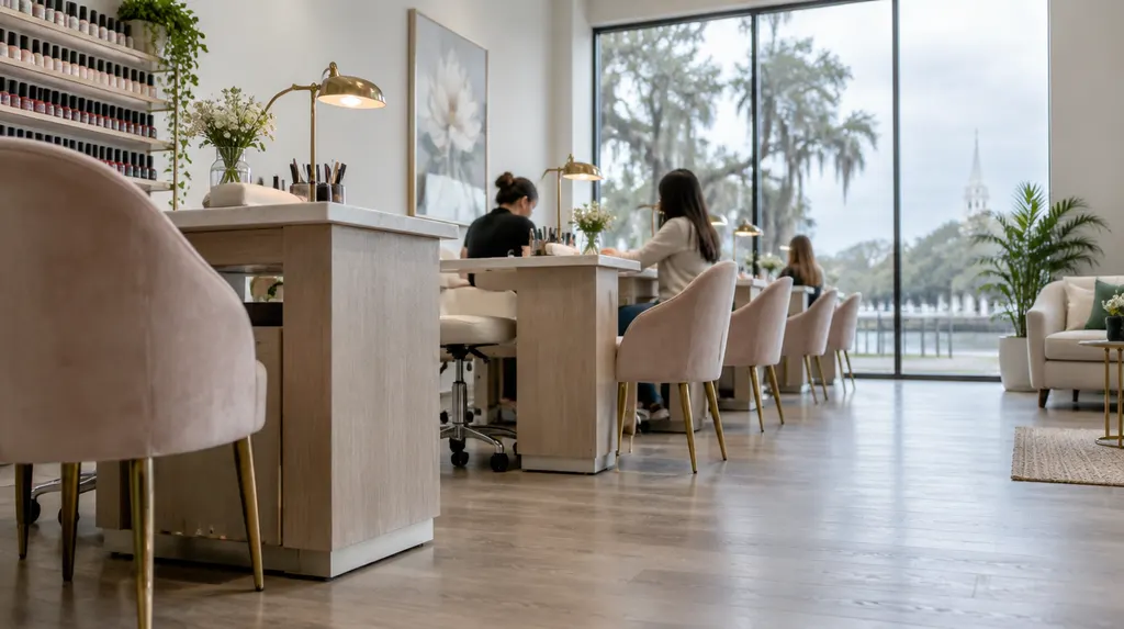 A bright nail salon with manicure tables in Louisiana