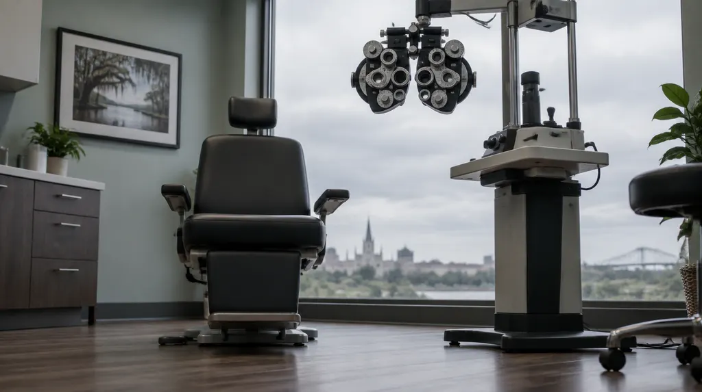 An optometry exam room with a phoropter in Louisiana