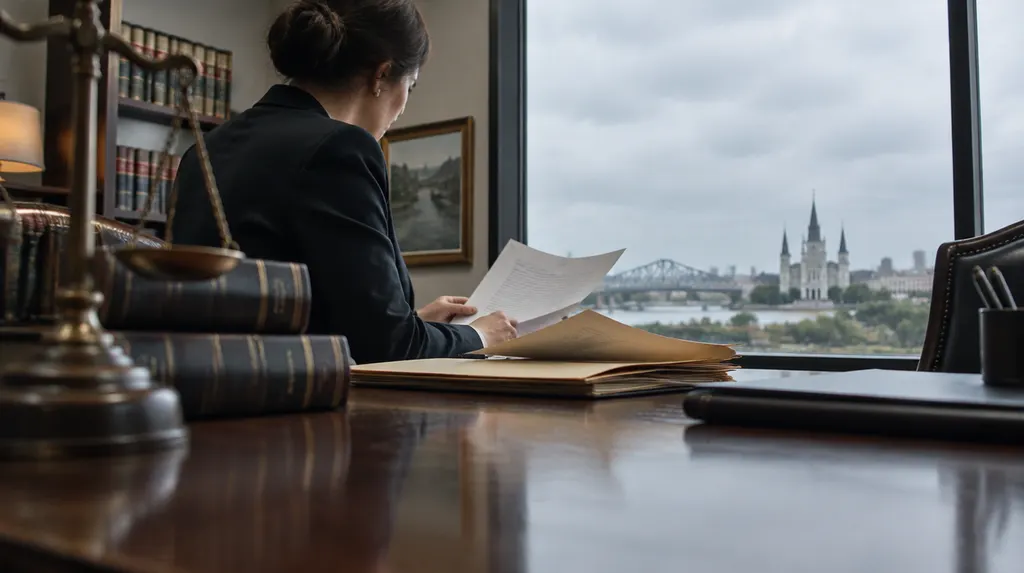 A lawyer reviewing a case file in a law office in Louisiana