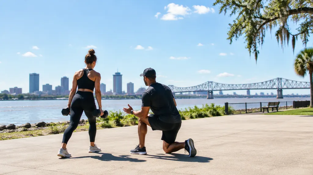A personal trainer coaching a client with dumbbells in Louisiana