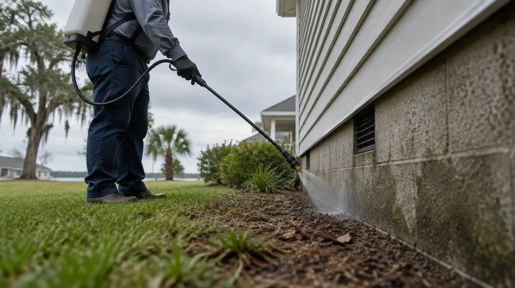 A pest control technician spraying the foundation of a house in Louisiana