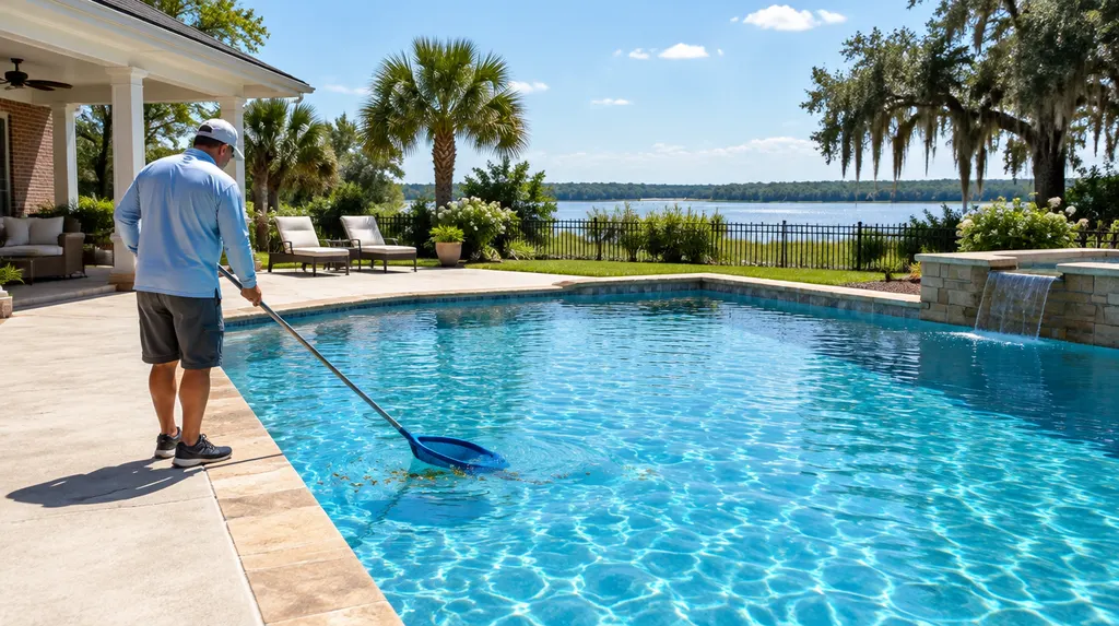 A pool technician skimming a sparkling backyard pool in Louisiana